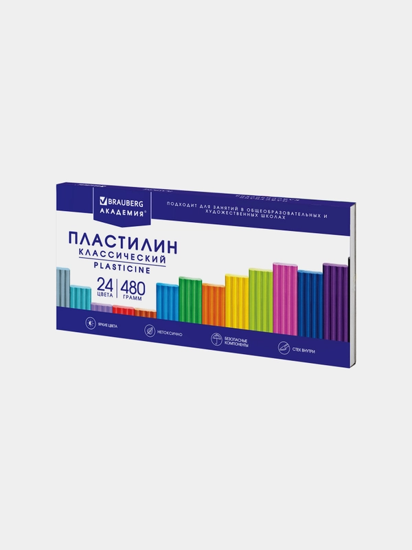 Пластилин классический BRAUBERG "Академия", со стеком, 24 цвета, 480 г