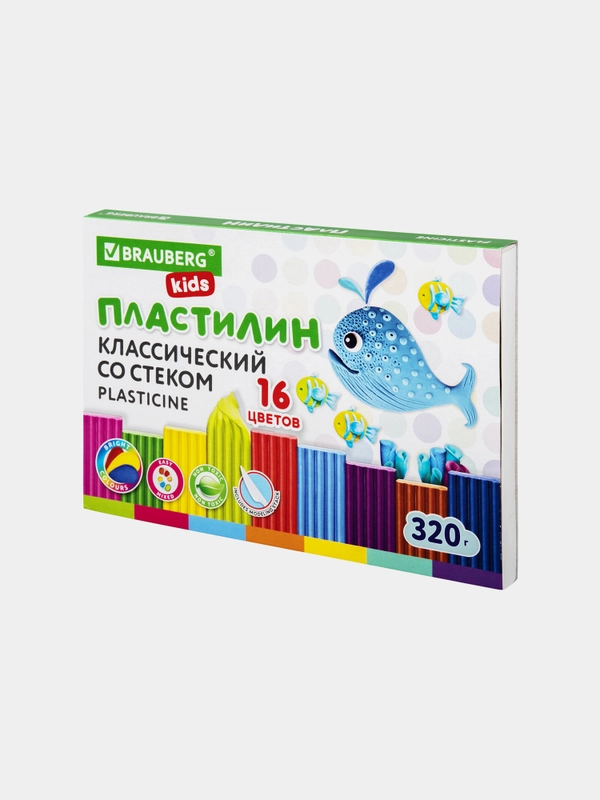 Пластилин классический BRAUBERG KIDS, 16 цветов, 320 г, СО СТЕКОМ, 106508