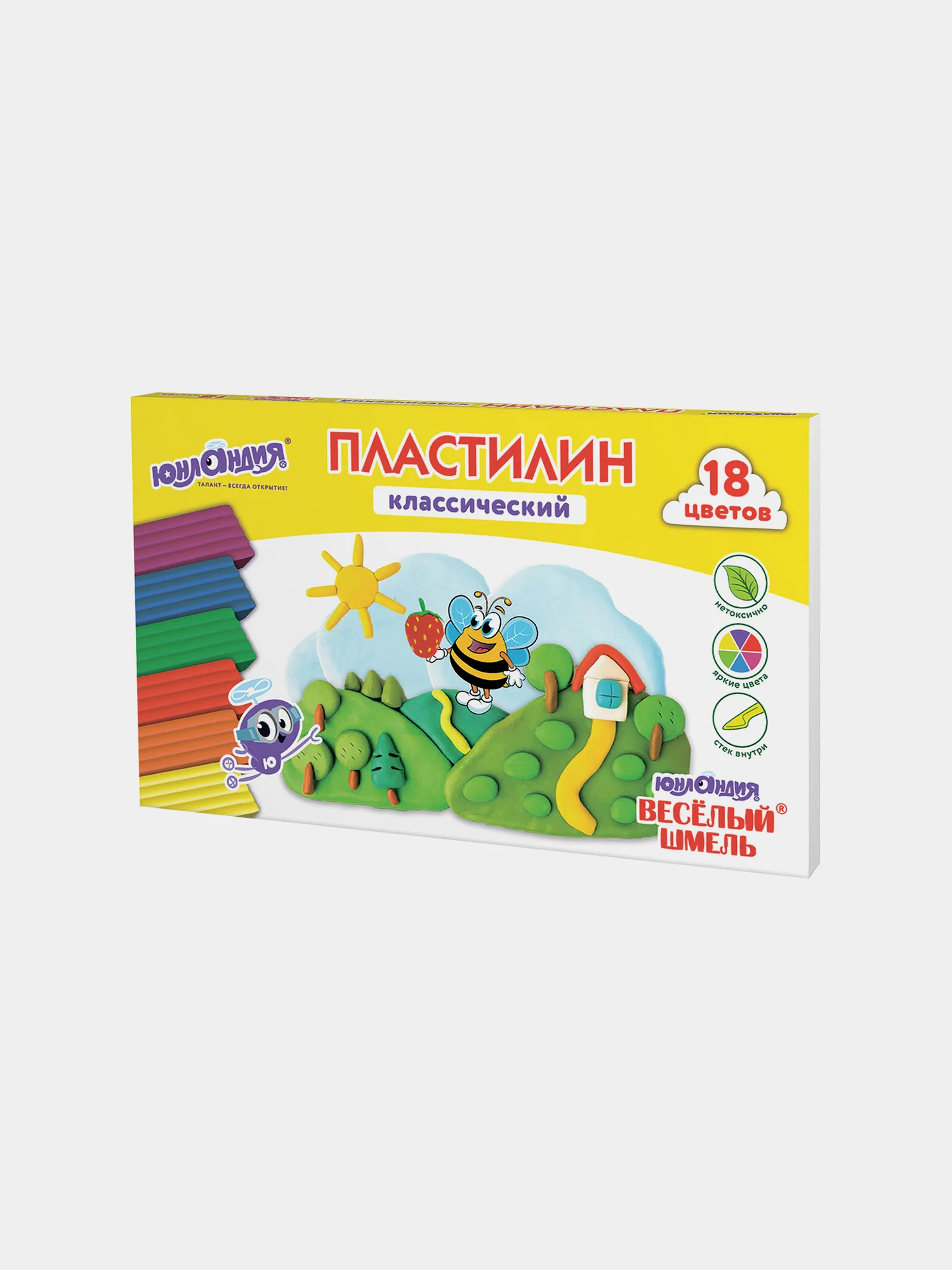 Пластилин классический ЮНЛАНДИЯ "ВЕСЁЛЫЙ ШМЕЛЬ", 18 цветов, 360 грамм, стек