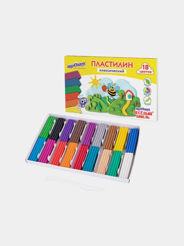 Пластилин классический ЮНЛАНДИЯ "ВЕСЁЛЫЙ ШМЕЛЬ", 18 цветов, 360 грамм, стек