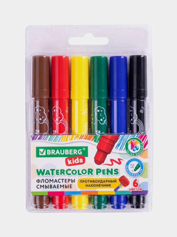 Фломастеры смываемые детские противоударный наконечник 6 цветов, BRAUBERG KIDS