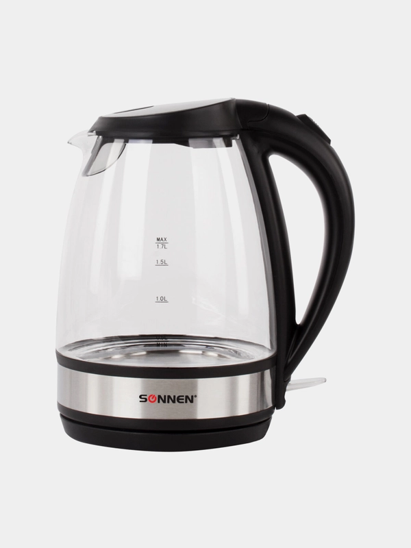 Чайник SONNEN KT-201, 1,7л, 2200Вт, закрытый нагр. элемент, стекло, подсветка, черный