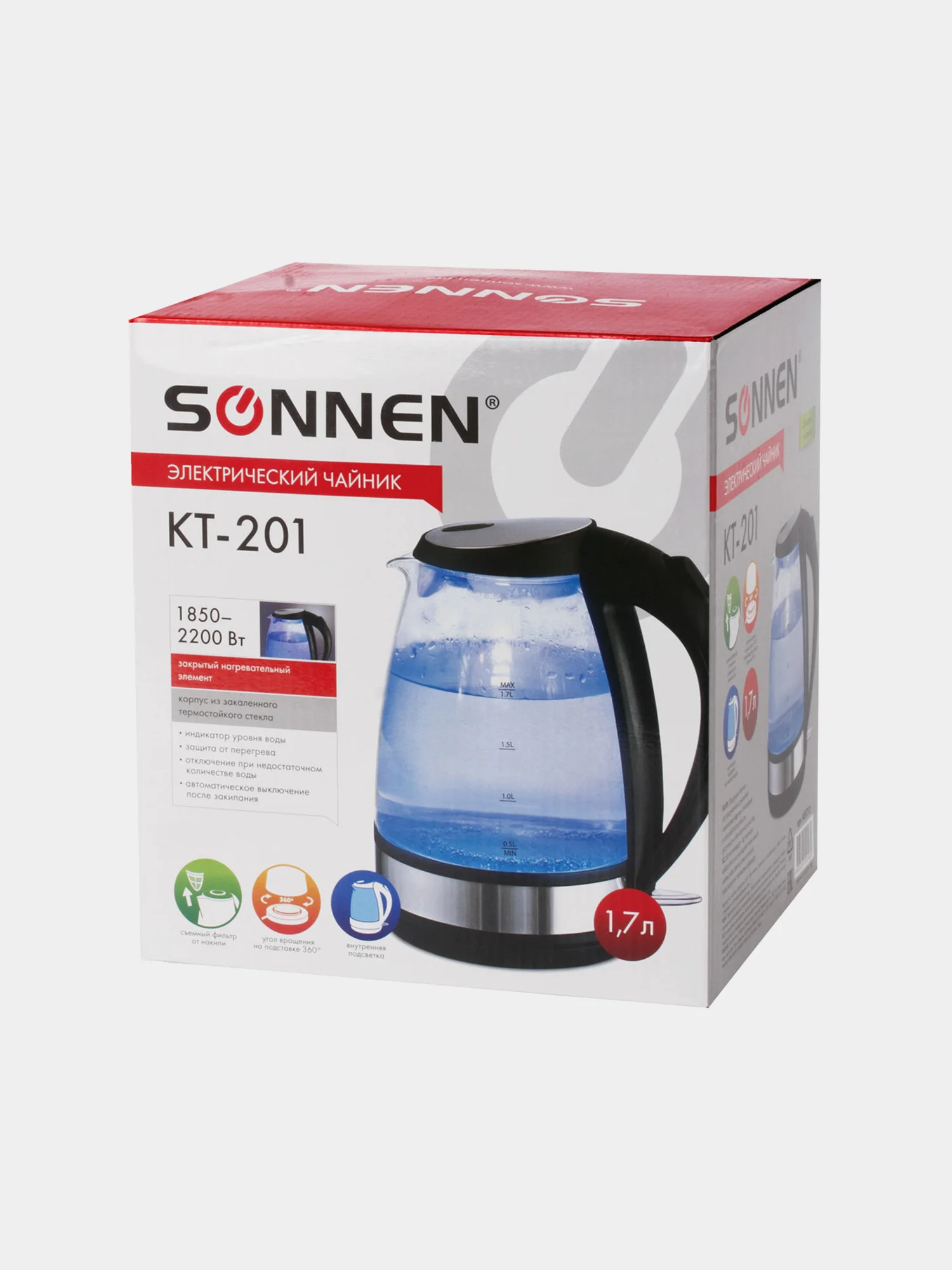 Чайник SONNEN KT-201, 1,7л, 2200Вт, закрытый нагр. элемент, стекло, подсветка, черный