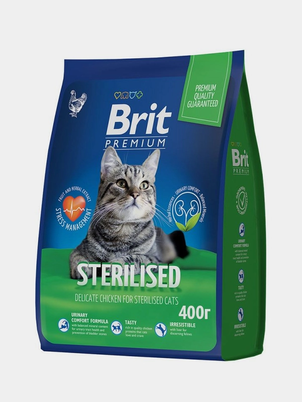 Корм сухой Brit Premium Sterilized для стерилизованных кошек, с курицей, 400 г