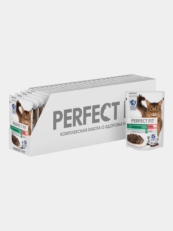 Влажный корм PERFECT FIT для стерилизованных кошек, с говядиной в соусе, 28 х 75г