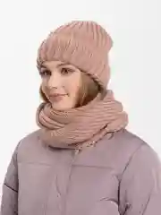 Коралловый меланж комплект шапка женская и снуд  "Сима", на флисовом подкладе