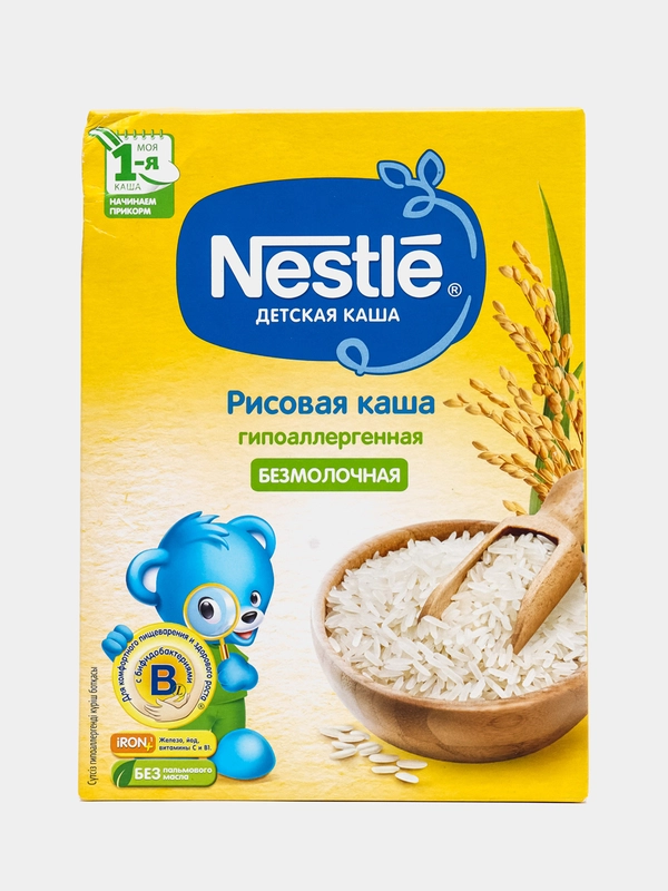 Каша детская NESTLE безмолочная рисовая с бифидобактериями , с 4 мес, карт.коробка, 200 г