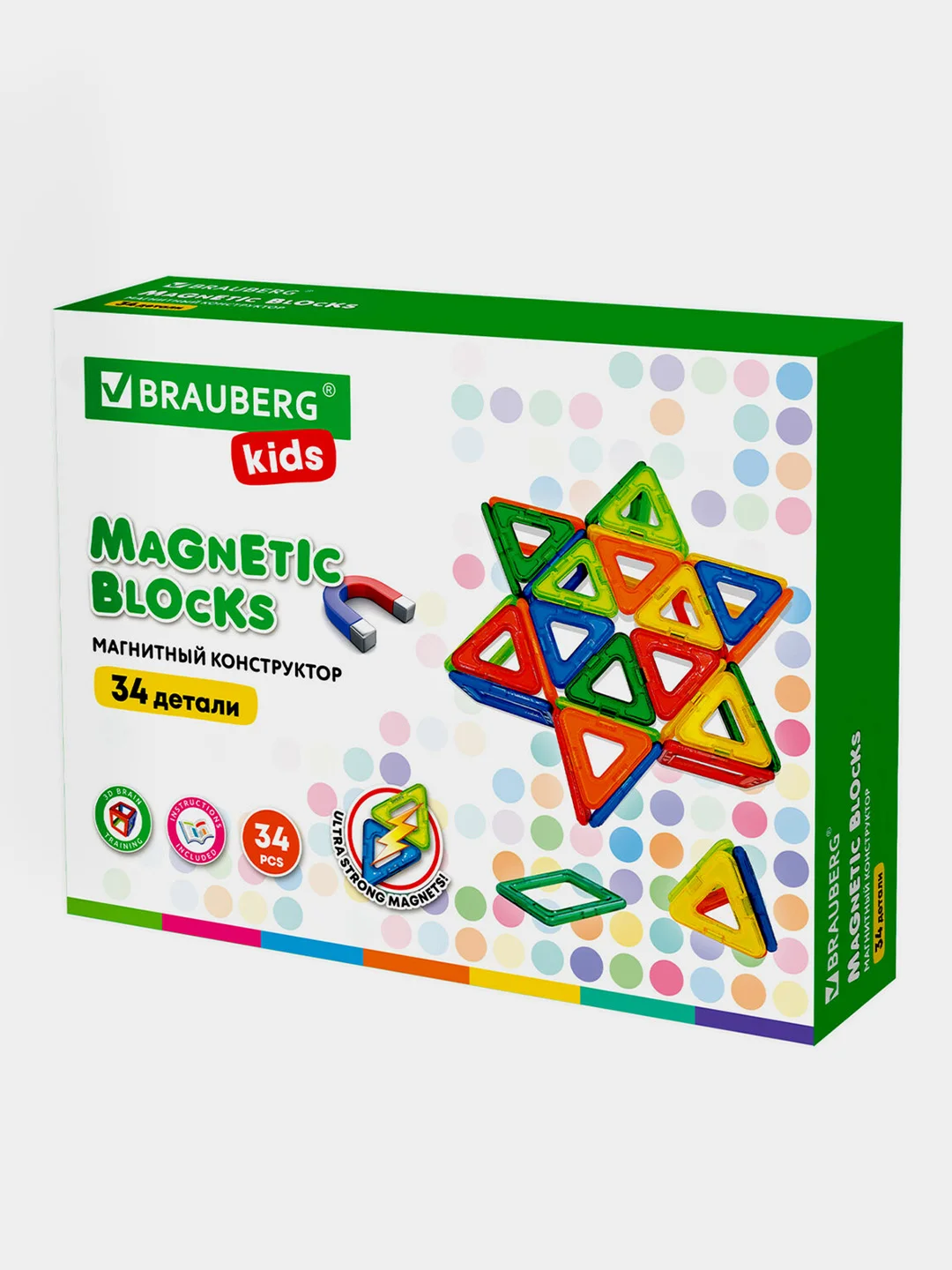 Магнитный конструктор BIG MAGNETIC BLOCKS-34, 34 детали, с колесной базой, BRAUBERG KIDS