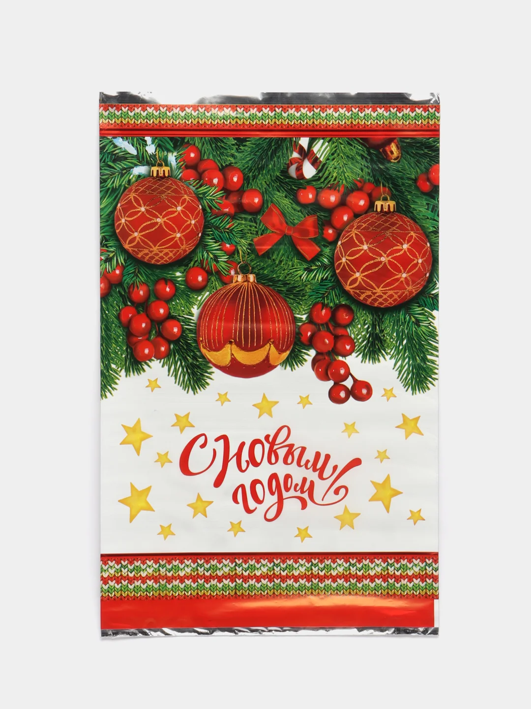 Красный пакет новогодний фольгированный подарочный, 25*40 см, с ленточками 30 см/Пакет без ручки