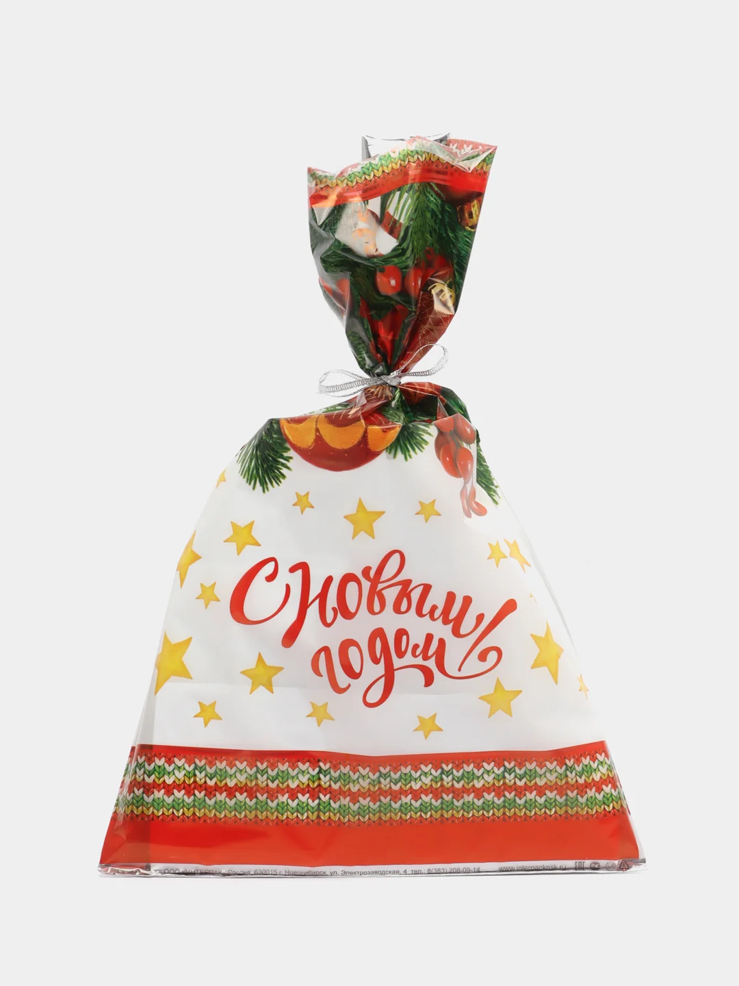 Красный пакет новогодний фольгированный подарочный, 25*40 см, с ленточками 30 см/Пакет без ручки