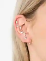 Серебряный серьга-кафф со стразами листиками, спица, пирсинг, продевка
