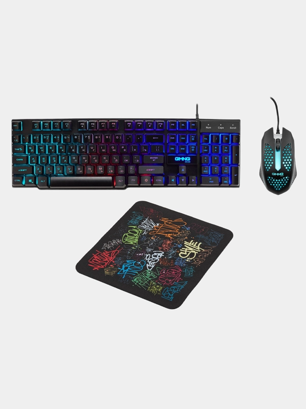 Игровая клавиатура + мышь + коврик набор Oklick 400GMK с подсветкой, подарок на 8 марта