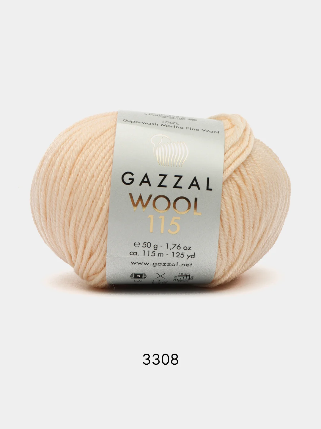 Кремовый пряжа Gazzal Wool 115, мериносовая шерсть, 50г/115м