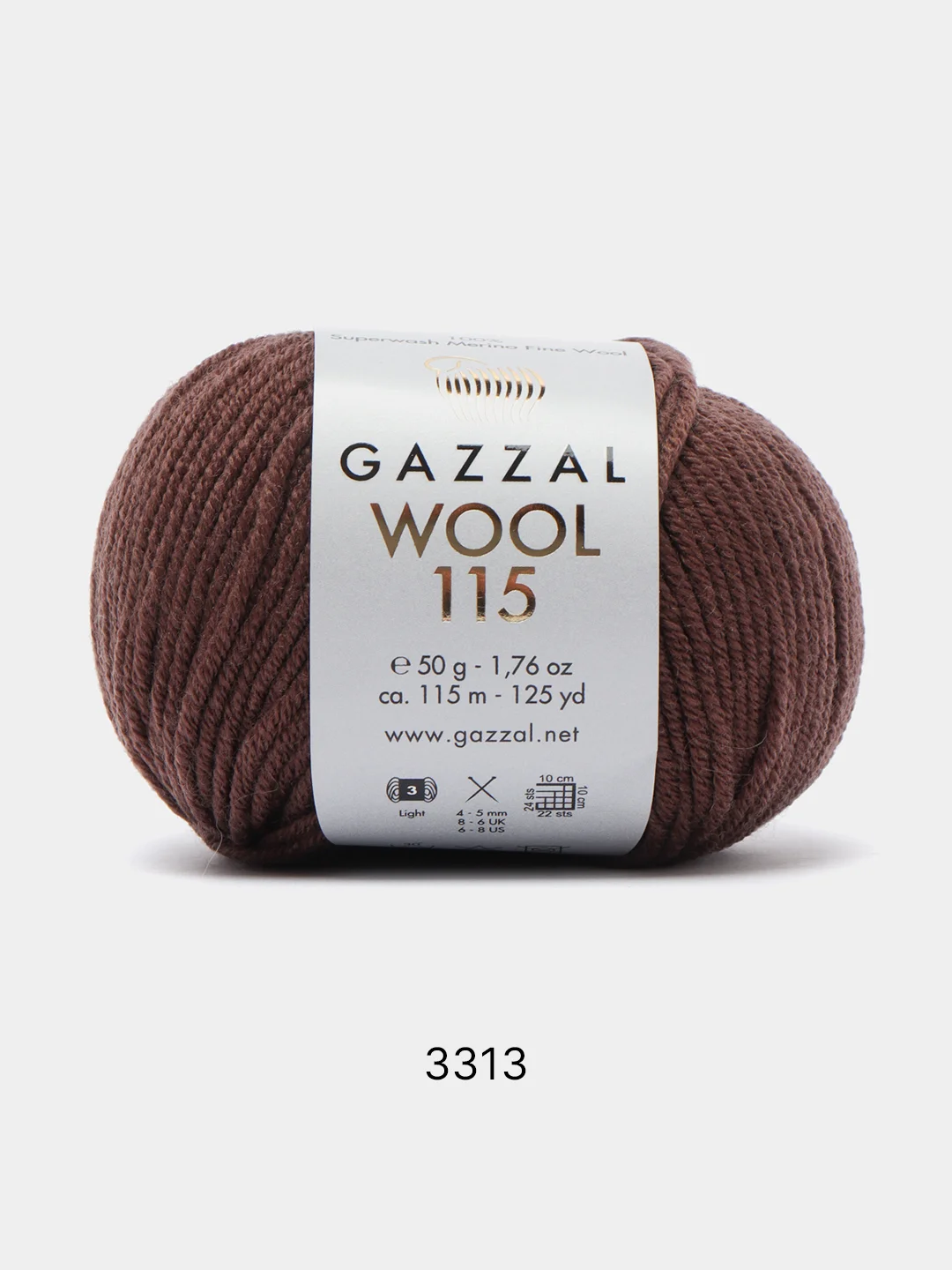 Коричневый пряжа Gazzal Wool 115, мериносовая шерсть, 50г/115м