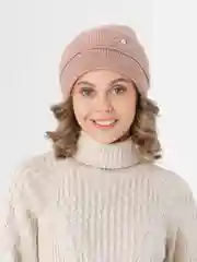 Бежевый меланж женская вязаная шапка на флисовом подкладе Амира