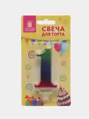 Свеча-цифра для торта "1" "Радужная", 9 см, ЗОЛОТАЯ СКАЗКА, с держателем, в блистере