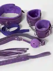 Фиолетовый набор БДСМ: наручники, кляп, плетка, маска, экокожа