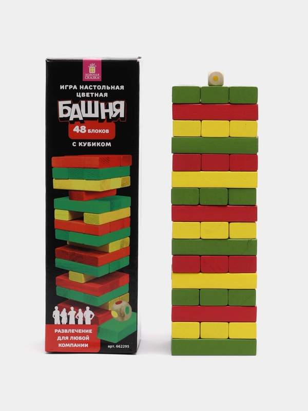 Игра настольная "Цветная Башня", 48 окрашенных деревянных блоков + кубик, "Золотая сказка"