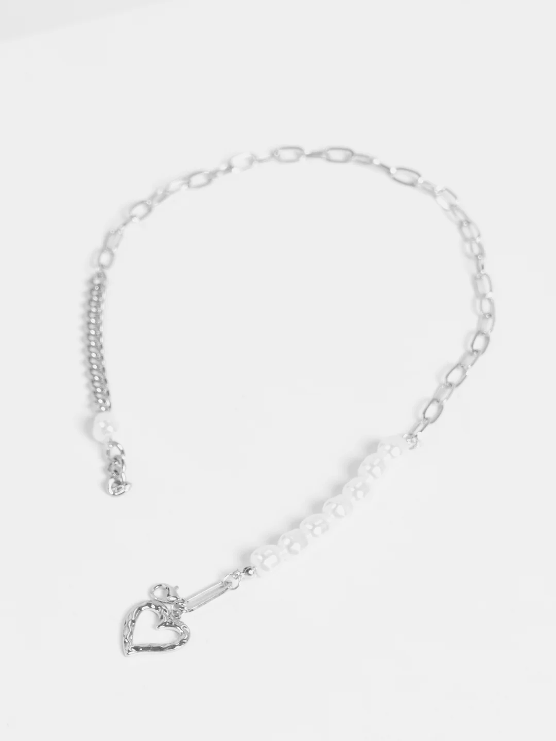 Серебряный цепочка "Сердце", с жемчугом и подвеской