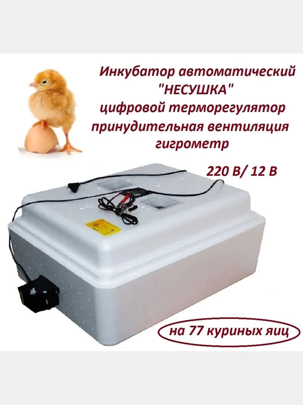 Инкубатор автоматический "Несушка" 77 яиц, 220В/12В, терморегулятор, вентиляция, гигрометр