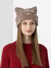 Бежевый вязаная шапка, с ушками