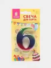 Свеча-цифра для торта "6" "Радужная", 9 см, ЗОЛОТАЯ СКАЗКА, с держателем, в блистере