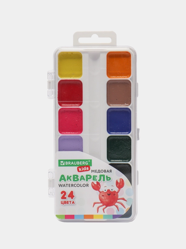 Краски акварельные BRAUBERG KIDS, медовые, 24 цвета, квадратные кюветы, пластиковый пенал