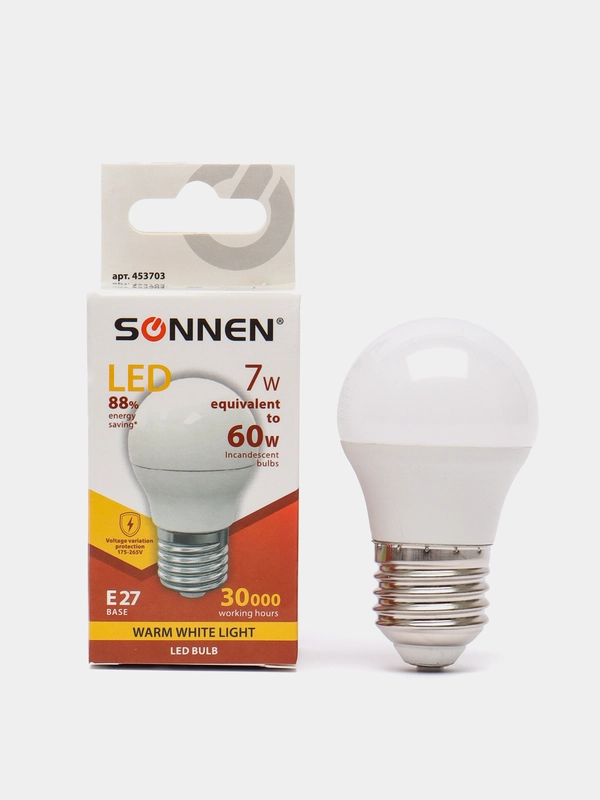Лампа светодиодная SONNEN, 7(60)Вт, цоколь E27, шар, тепл.белый, 30000ч, LED G45-7W-2700