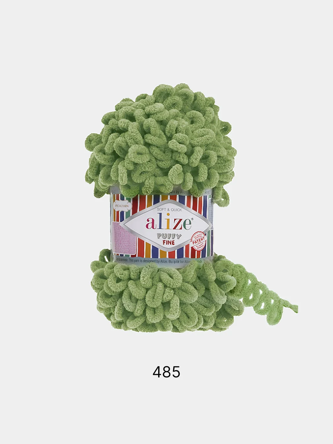 Зеленый пряжа Alize Puffy Fine, маленькие петельки, микрополиэстер, 100 г, 14 м