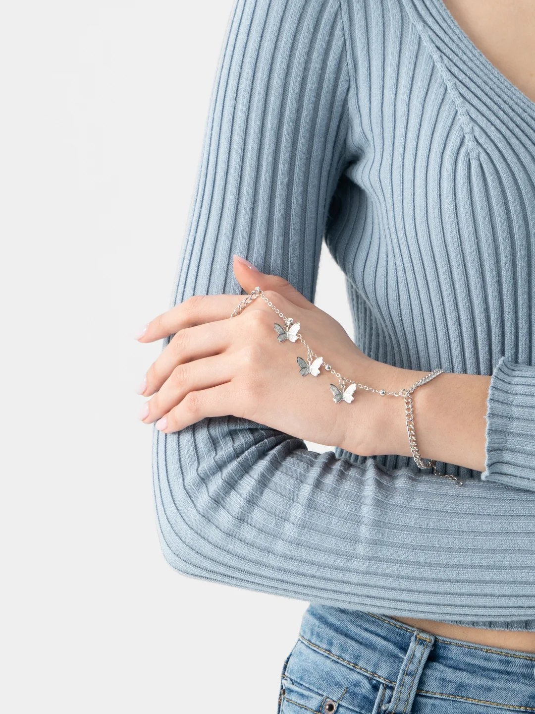 Серебряный браслет, кольцо с бабочками, цепочкой, 15+5 см