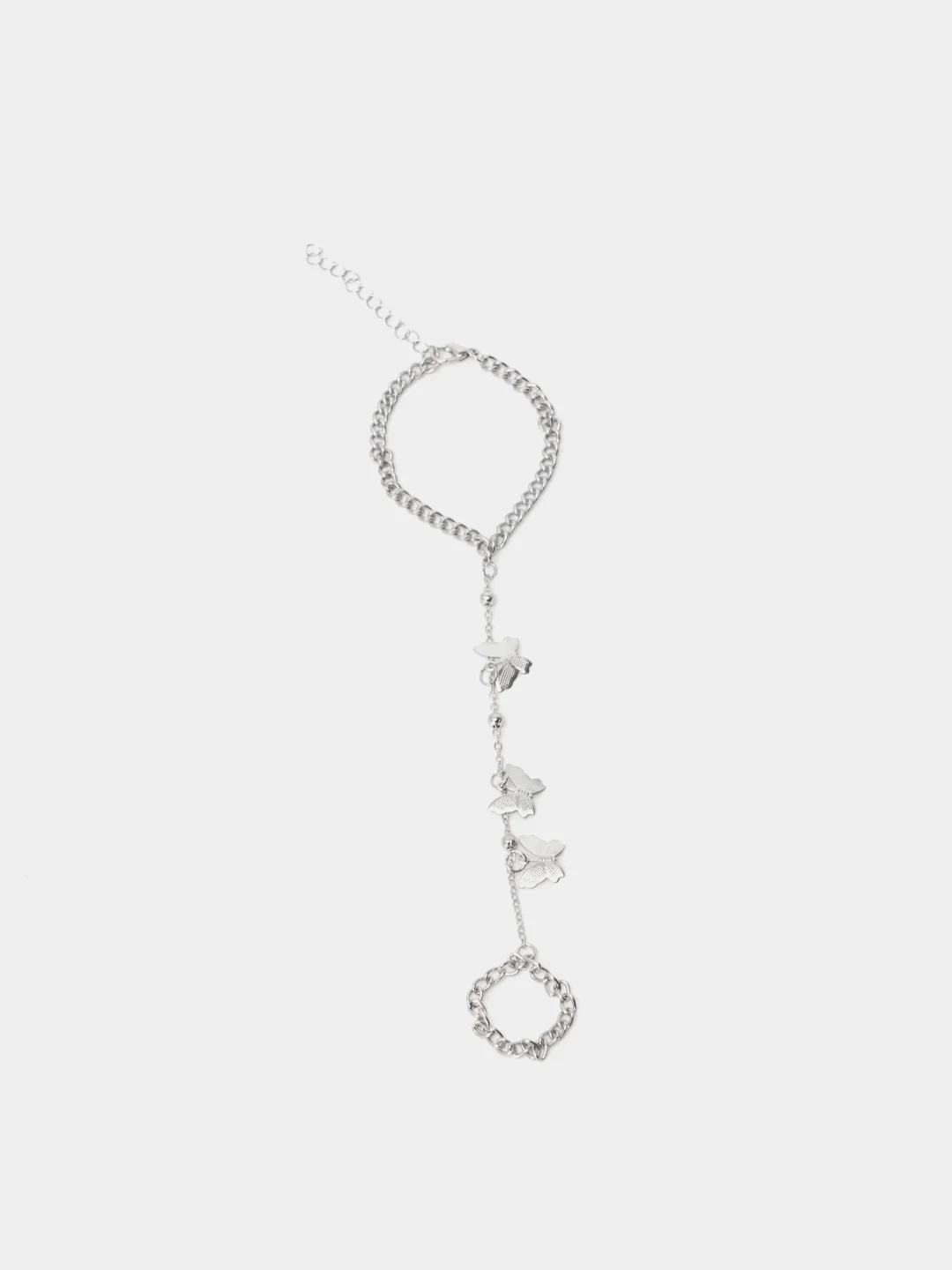 Серебряный браслет, кольцо с бабочками, цепочкой, 15+5 см