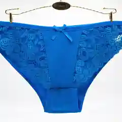 Синий трусы женские хлопковые слипы, с кружевом