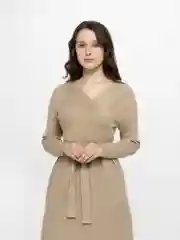 Бежевый платье женское, утепленное, из плотного трикотажа