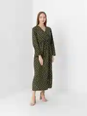 Зелёный хаки платье женское длинное на запах в горох