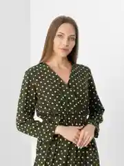 Зелёный хаки платье женское длинное на запах в горох