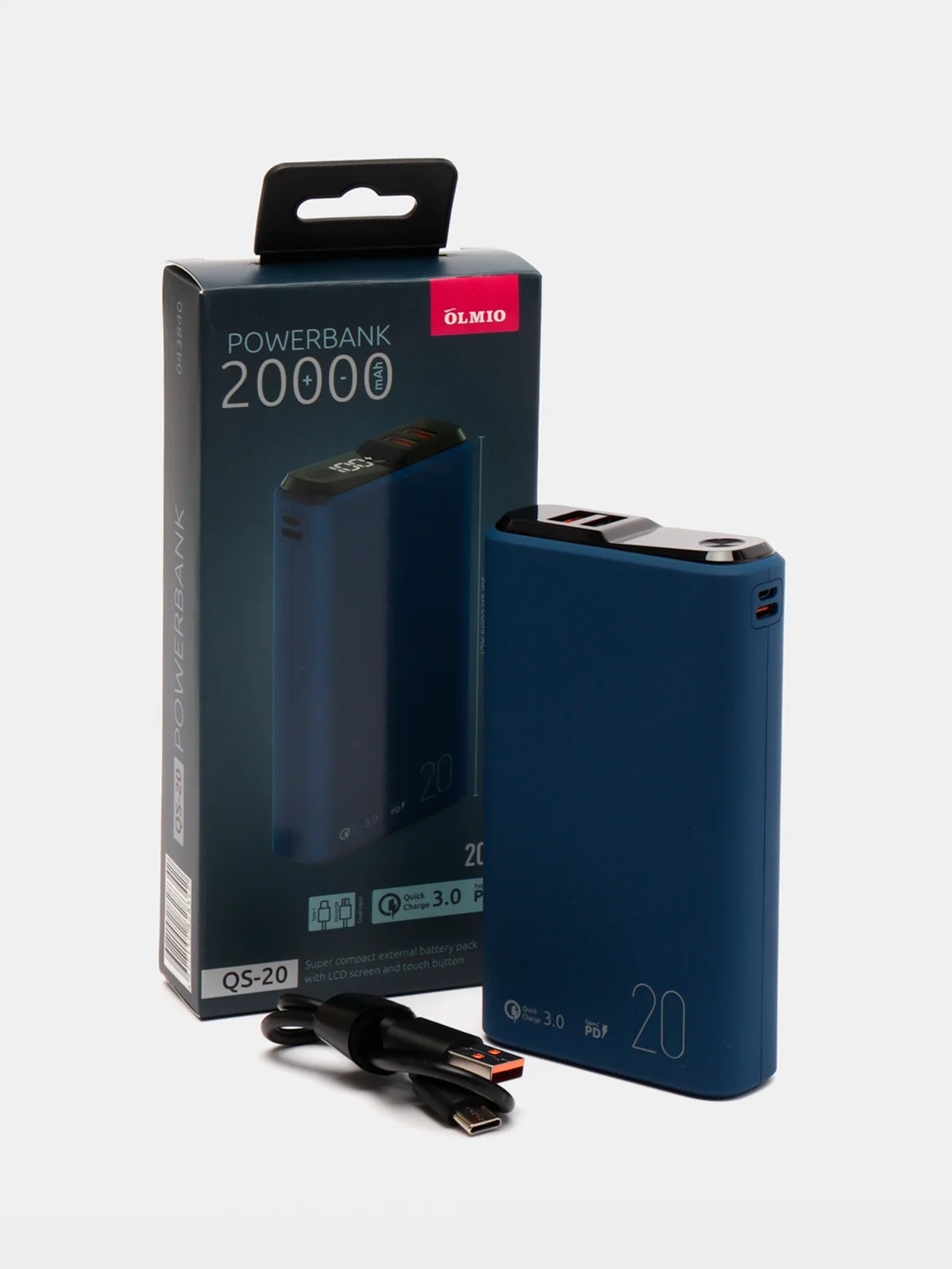 Синий внешний аккумулятор Olmio QS-20, 20000 mAh, с быстрой зарядкой