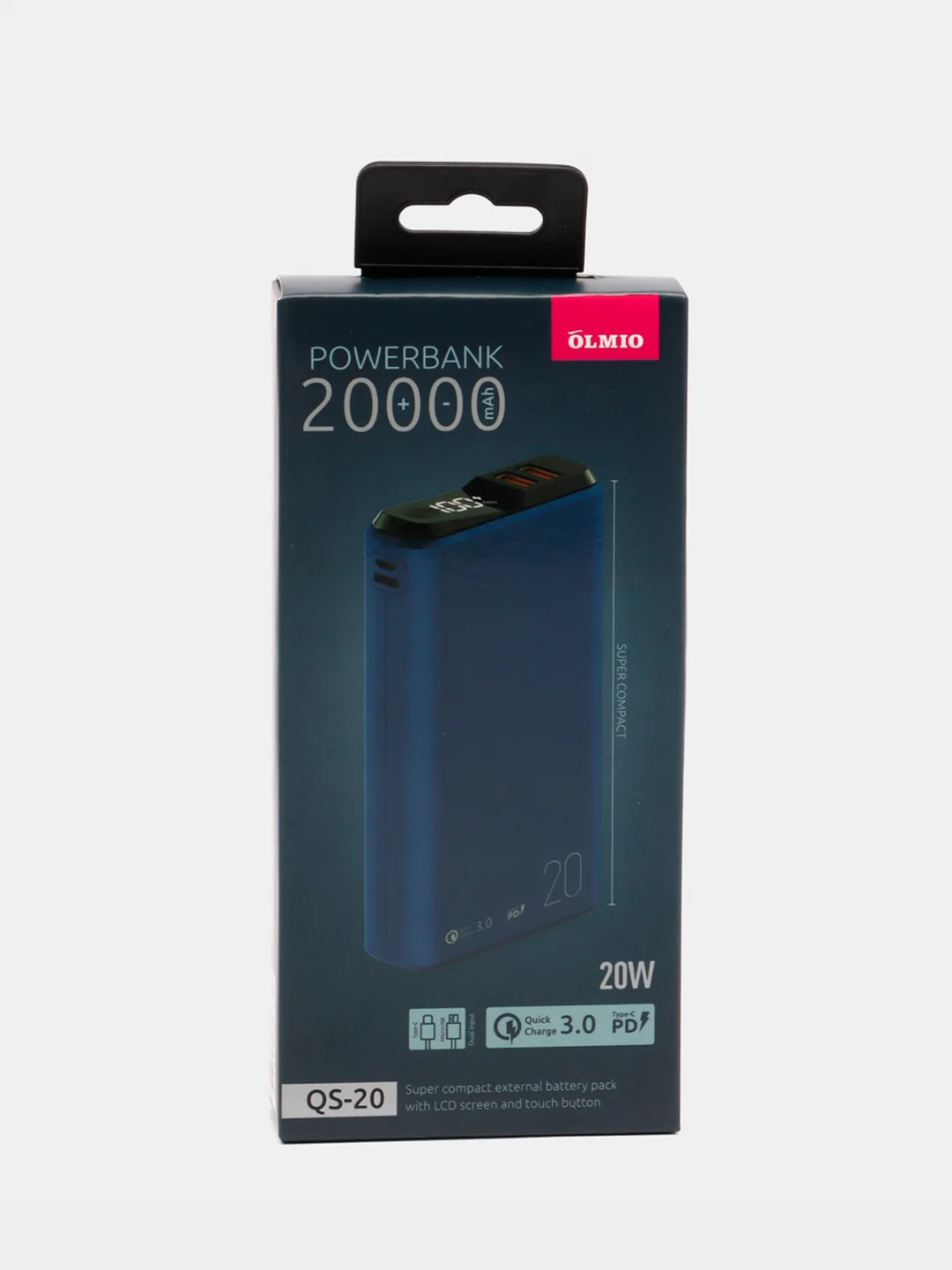 Синий внешний аккумулятор Olmio QS-20, 20000 mAh, с быстрой зарядкой