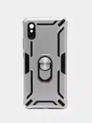 Серебряный чехол Xiaomi Redmi 9A, Сяоми Редми 9А противоударный с металлической подставкой кольцом