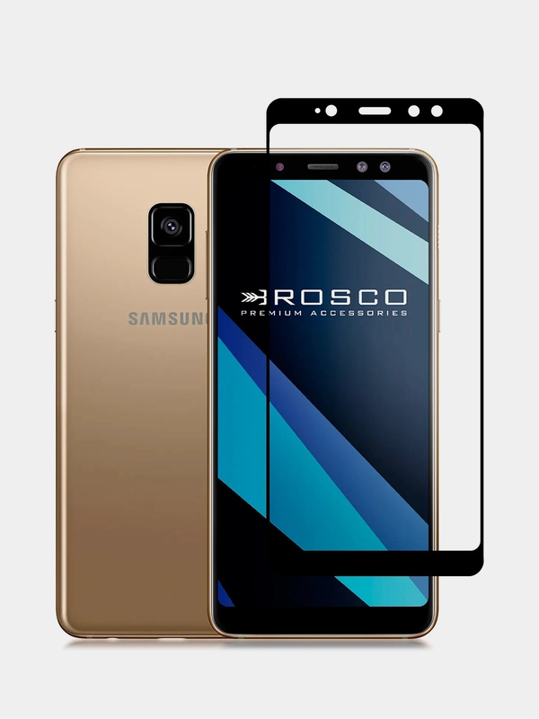 Стекло для Samsung Galaxy A8 Plus A8+ защитное ROSCO прозрачное олеофобное с черной рамкой