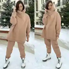 Хаки спортивный женский костюм с капюшоном, на флисе, оверсайз