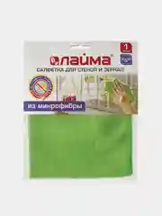 Салфетка для стекол и зеркал, гладкая микрофибра, зеленая, 30 х 30 см, ЛАЙМА