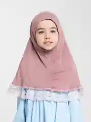 Кораллово-розовый хиджаб детский цельный, химар с кружевом и стразами