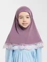 Фиолетовый хиджаб детский цельный, химар с кружевом и стразами
