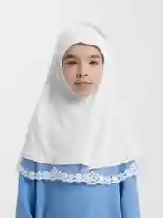 Белый хиджаб детский цельный, химар с кружевом и стразами