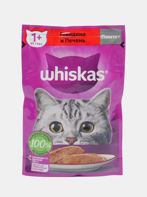 Влажный корм для кошек WHISKAS, паштет с говядиной и печенью, 24 штук по 75 г