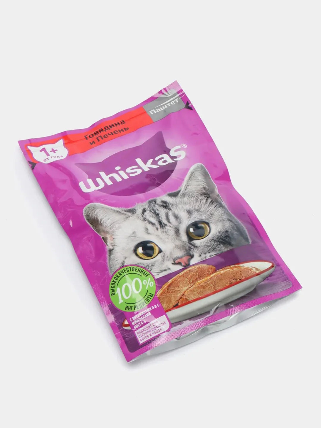 Влажный корм для кошек WHISKAS, паштет с говядиной и печенью, 24 штук по 75 г