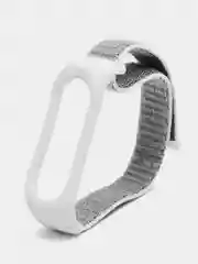 Серебряный ремешок на липучке для Xiaomi Mi Band 3, 4, 5, 6, 7 Сяоми Ми Банд, тканевый, нейлоновый