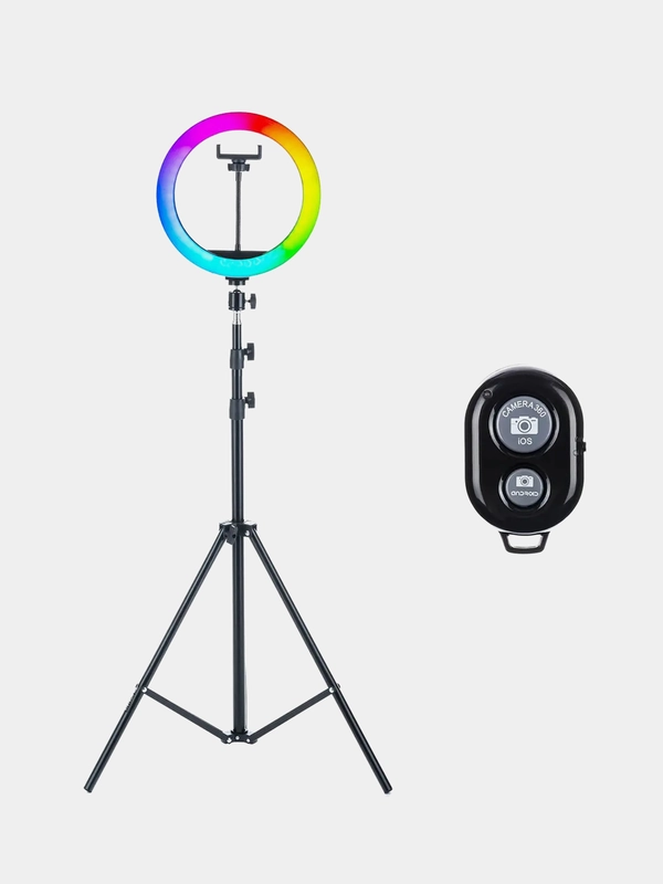 Кольцевая цветная селфи лампа с пультом, 26 см, штатив с лампой RGB