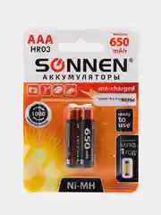 Батарейки аккумуляторные КОМПЛЕКТ 2шт, SONNEN, ААA (HR03), Ni-Mh, 650mAh,в блистере,454236