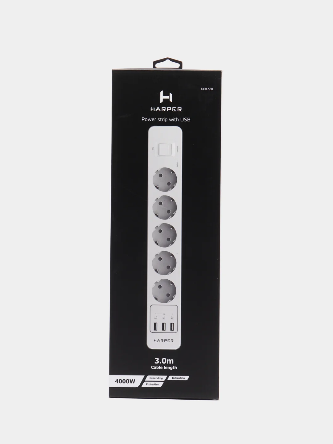 Белый сетевой фильтр Harper UCH-560, 3 метра, 5 розеток, 3 USB, 4000 Вт